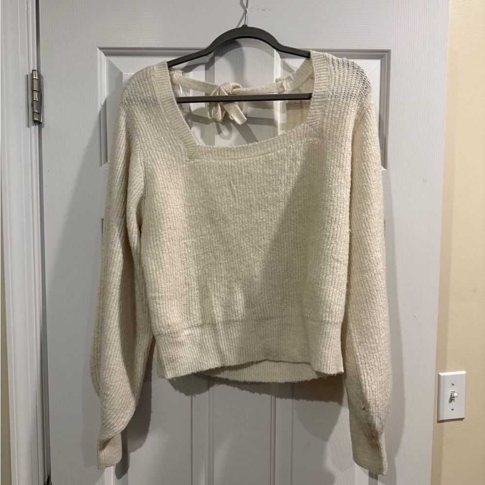 Cozy cream square neck  tie-back sweater